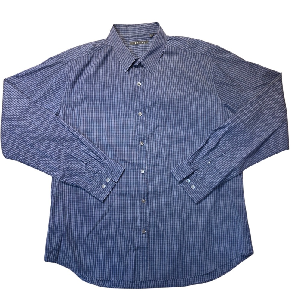 Theory Mens XL Navy Blue Micro Grid Check Long Sleeve Button‎ Down Shirt Cotton